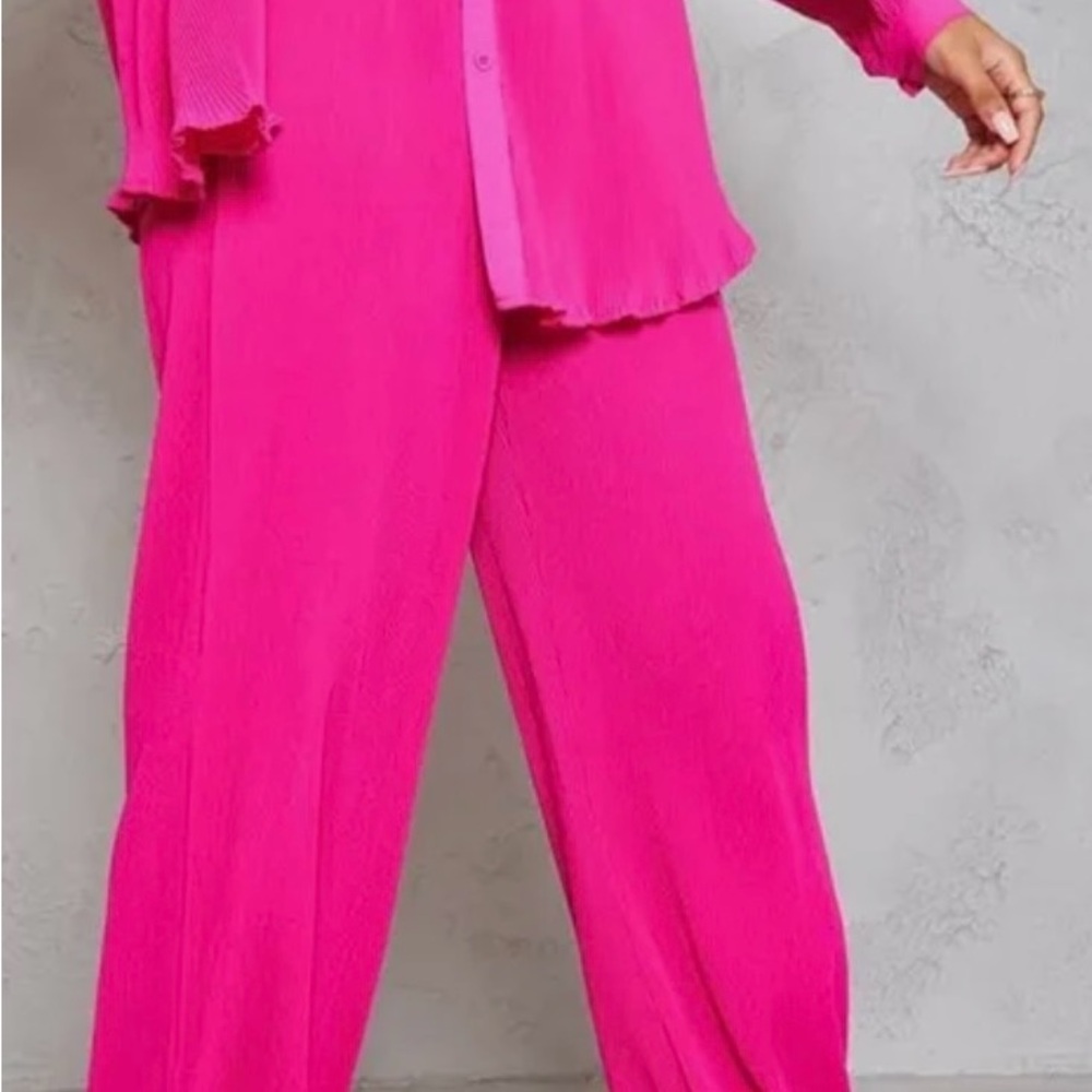PrettyLittleThing Hot Pink Plisse High Waisted Wide Leg Trousers